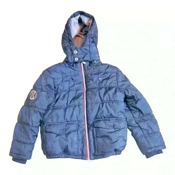 Tommy Hilfiger Kid's Blue Flannel Lined Puffer Jacket Removable Hood Size 7 XL - Picture 3 of 8